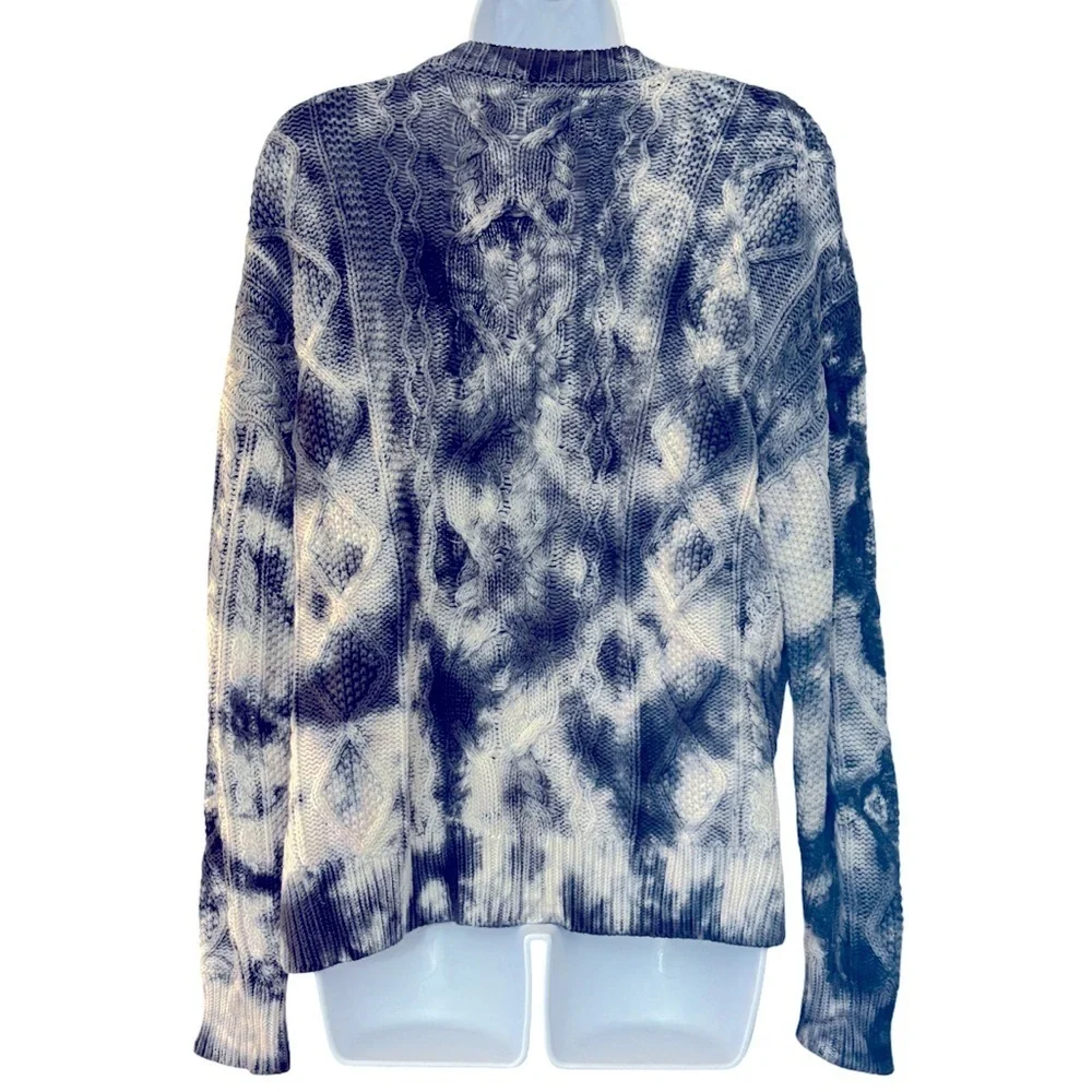 Pilcro Joni Tie-Dye Cable Knit V-Neck Sweater Side Slits Dark Navy White Size S